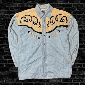 Vintage 90’s Gold River M Pearl button up Denim Leather cut Shirt
